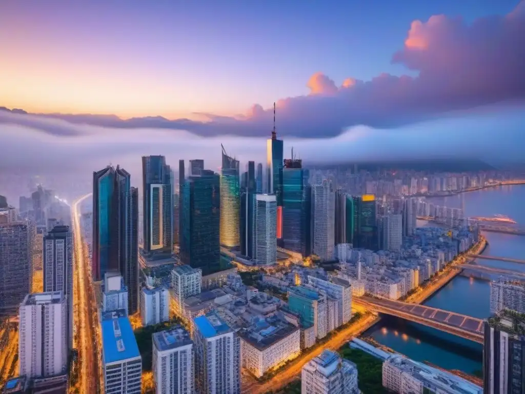 Inversión global Crowdfunding inmobiliario: Metrópolis moderna iluminada al anochecer, con rascacielos y calles bulliciosas