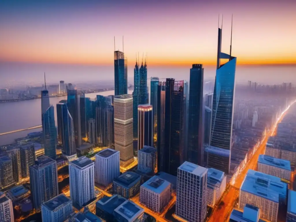 Inversión global Crowdfunding inmobiliario: Vista aérea de ciudad moderna al atardecer, con rascacielos y luces vibrantes