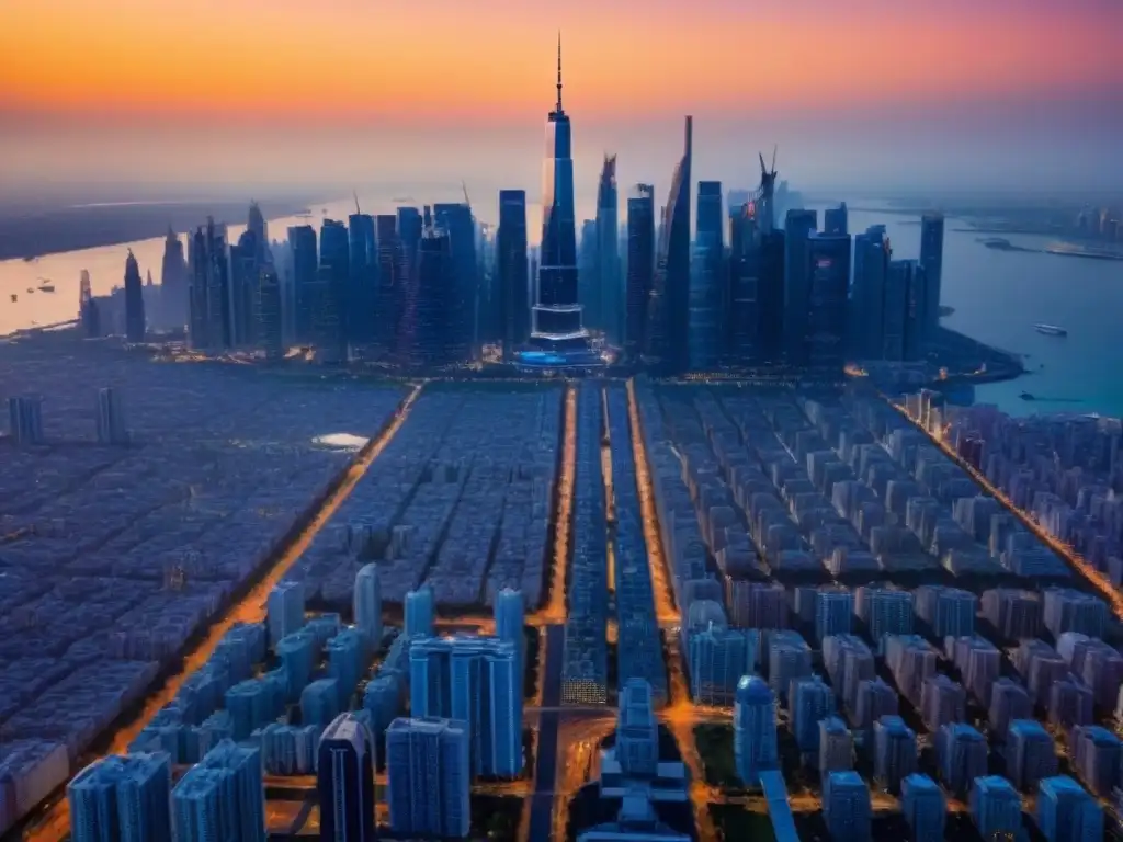 Portafolio global de bienes raíces: íconos mundiales al atardecer Inversión global en REITs: icónicos rascacielos de ciudades como NY, Dubái, Tokio y Londres se destacan en un atardecer vibrante