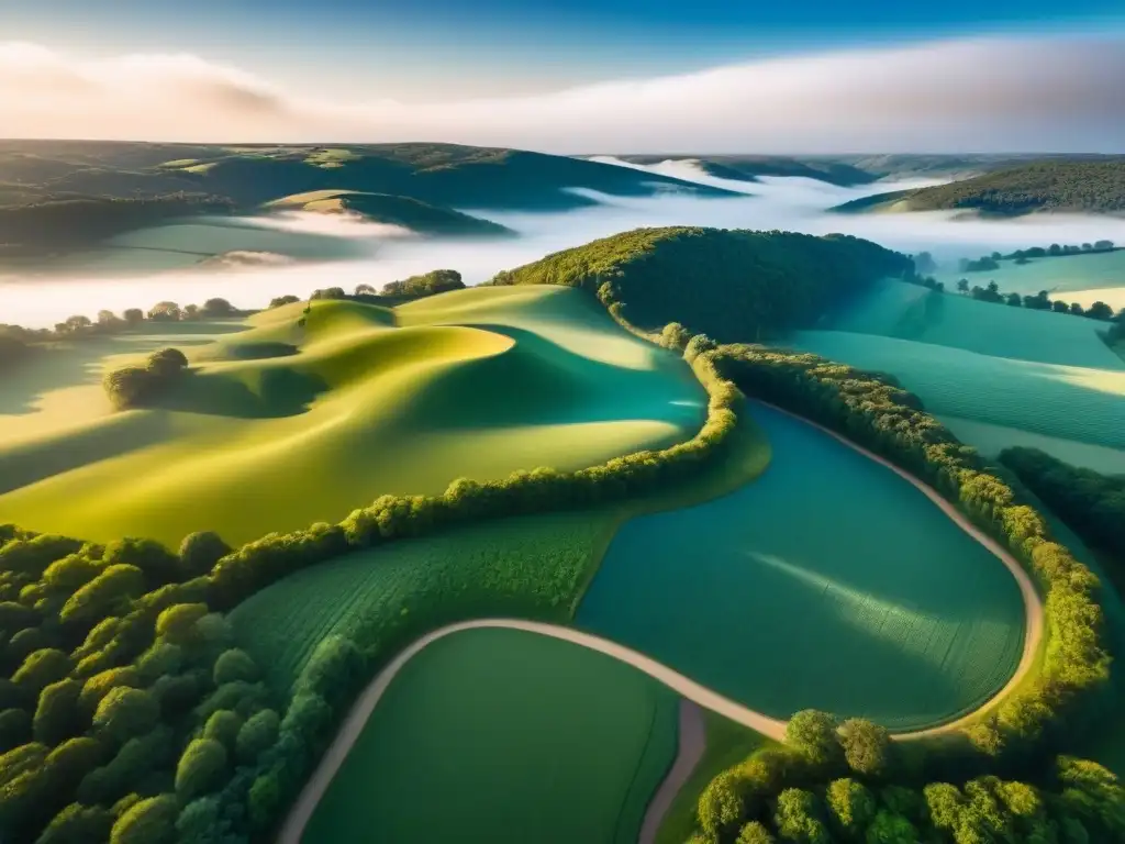 Esplendor rural: vista aérea detallada de extensa propiedad verde Inversión global en las mejores propiedades rurales: vista aérea detallada de un extenso y exuberante terreno rural bajo un cielo azul