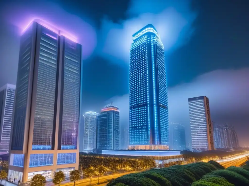 Edificio inteligente: luces nocturnas en la era IoT Inversión global mercado inmobiliario IoT: Edificio de lujo iluminado por luces coloridas, reflejando tecnología IoT en la noche urbana