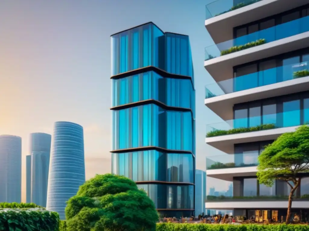 Edificio de lujo con tecnología IoT en ciudad futurista Inversión global mercado inmobiliario IoT: Fachada lujosa de edificio moderno con paneles solares y vistas urbanas
