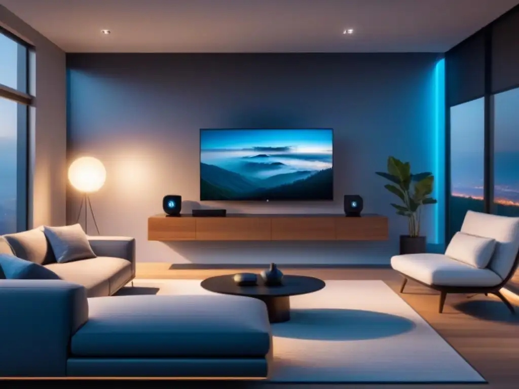 Interior futurista de hogar inteligente: IoT de vanguardia Inversión global mercado inmobiliario IoT: Interior futurista de casa inteligente con tecnología avanzada integrada en el espacio vital