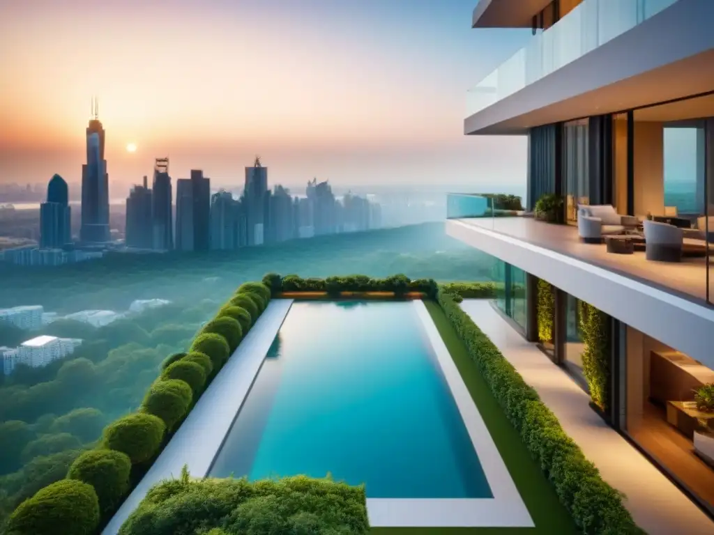 Esplendor urbano: rascacielos moderno en atardecer lujoso Inversión global mercado inmobiliario: impactante rascacielos moderno rodeado de exuberante vegetación y ciudad al atardecer