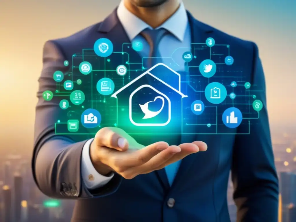 Análisis de métricas inmobiliarias: Red digital interconectada Gráfico moderno de iconos digitales interconectados en tonos azules y verdes, representando la Analítica de redes sociales inmobiliarias