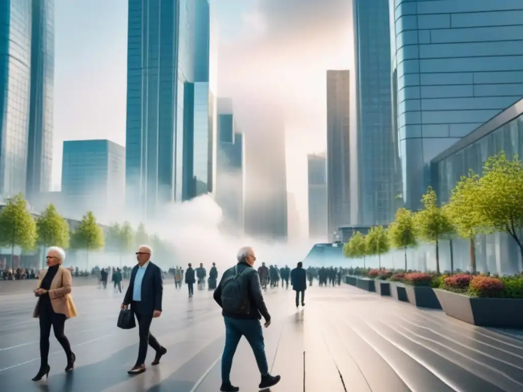 Vibrante escena urbana: ancianos activos en ciudad moderna Grupo de ancianos activos en vibrante ciudad futurista, reflejando impacto envejecimiento poblacional mercado inmobiliario