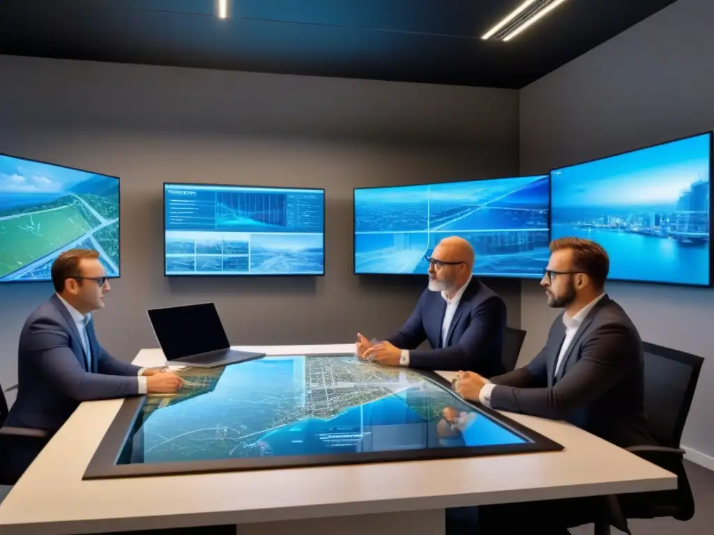 Expertos en reconstrucción postdesastre en oficina moderna Grupo de arquitectos y ingenieros discuten normativas reconstrucción propiedades postdesastres en moderna oficina con tecnología y planos detallados