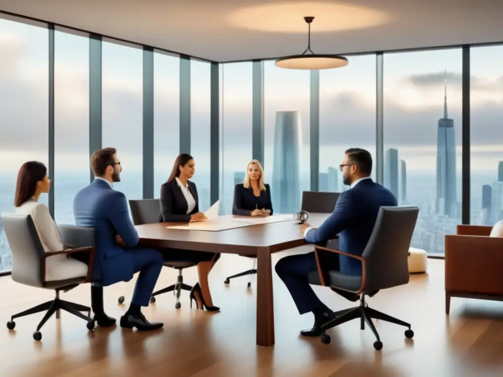 Abogados internacionales discuten en moderno despacho inmobiliario Un grupo diverso de abogados de bienes raíces internacionales en una sala moderna, discutiendo con confianza
