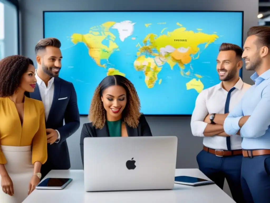 Agentes inmobiliarios globales: diversidad, innovación y profesionalismo Un grupo diverso de agentes inmobiliarios colaborando en una oficina moderna con tecnología de vanguardia y un mapa del mundo en la pared
