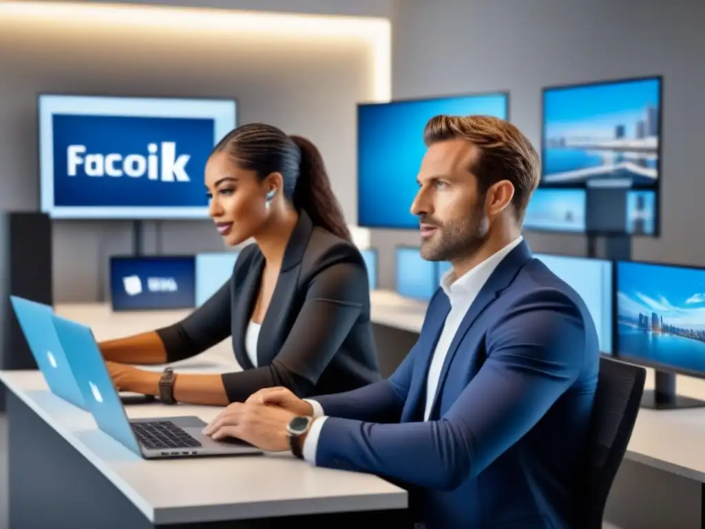 Equipo innovador de agentes inmobiliarios en oficina tecnológica Un grupo diverso de agentes inmobiliarios colaborando en una oficina moderna con tecnología de vanguardia y pantallas de redes sociales