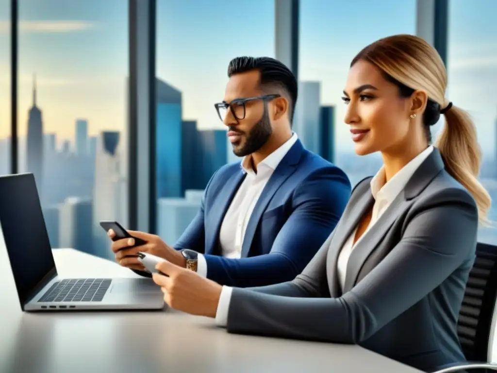 Agentes inmobiliarios innovadores en acción social media Grupo diverso de agentes inmobiliarios en oficina moderna, interactuando en redes sociales con profesionalismo y trabajo en equipo