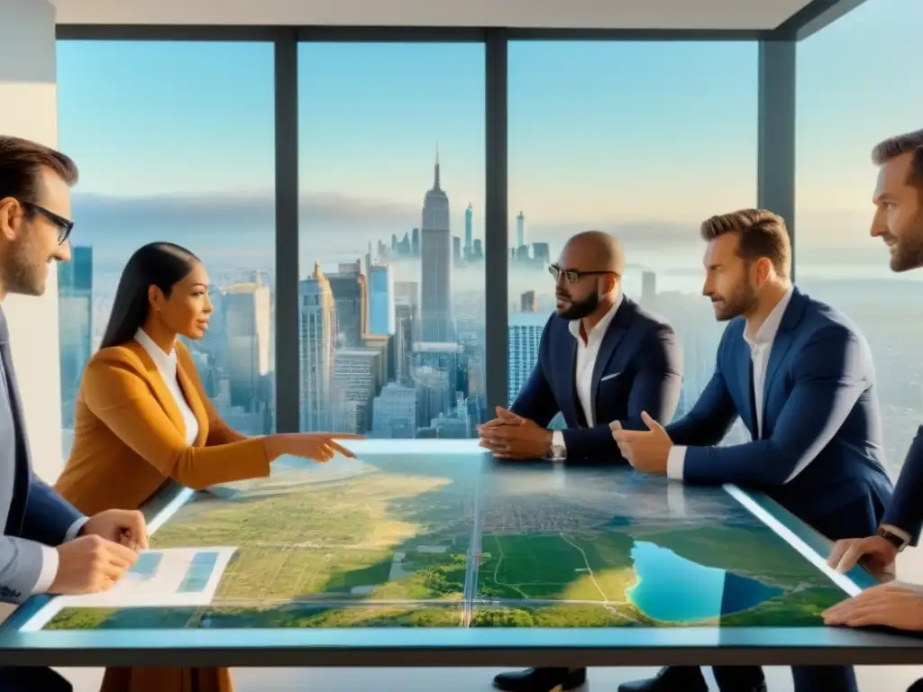 Agentes inmobiliarios estrategizando en un entorno moderno y diverso Un grupo diverso de agentes inmobiliarios profesionales planeando estrategias para vender propiedades internacionales, con mapas y gráficos