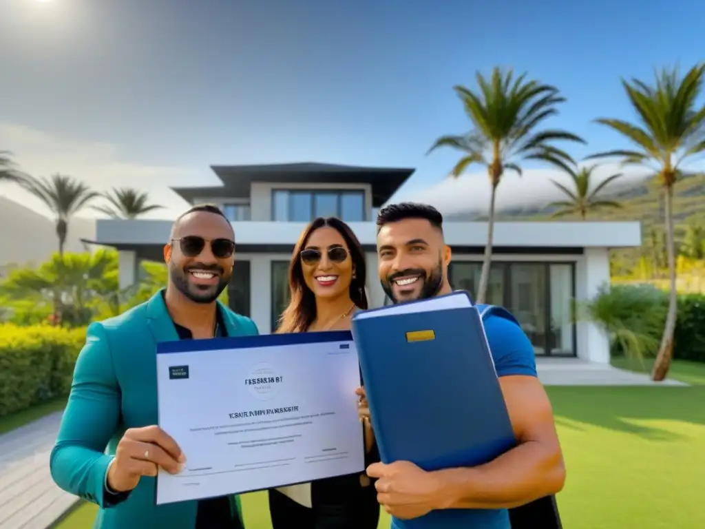 Anfitriones sonrientes: clave del éxito en alquileres vacacionales Un grupo diverso de anfitriones sonrientes de alquiler vacacional frente a una propiedad moderna, sosteniendo carpetas y llaves