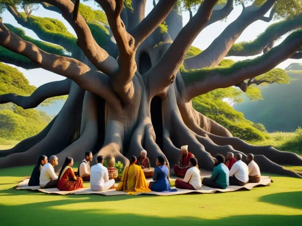 Un grupo diverso discute bajo un árbol ancestral, simbolizando unidad y armonía en diversas culturas