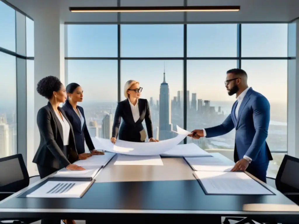 Profesionales colaborando en diseño de microcasas sostenibles Grupo diverso de arquitectos y abogados discutiendo planes y documentos legales en oficina moderna con vista panorámica a la ciudad