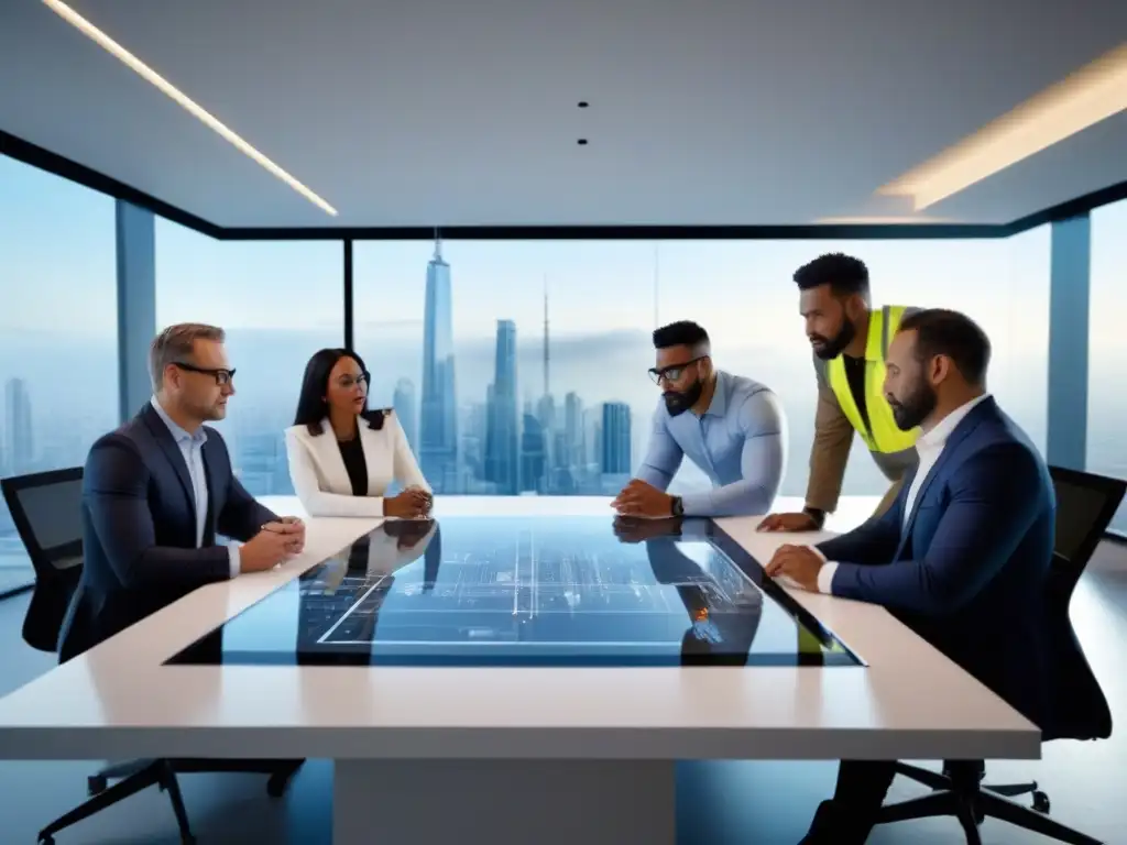 Equipo multidisciplinario crea planos innovadores en oficina futurista Un grupo diverso de arquitectos, ingenieros y trabajadores de construcción colaboran en un proyecto de vivienda sostenible en un moderno y futurista espacio de trabajo