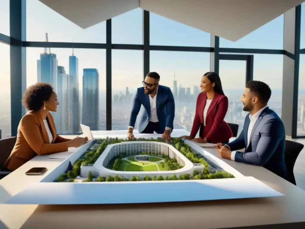 Inversión en vivienda asequible: innovación y colaboración global Grupo diverso discute sobre inversión vivienda asequible, rodeados de planos y dispositivos digitales en moderno espacio con vista a la ciudad