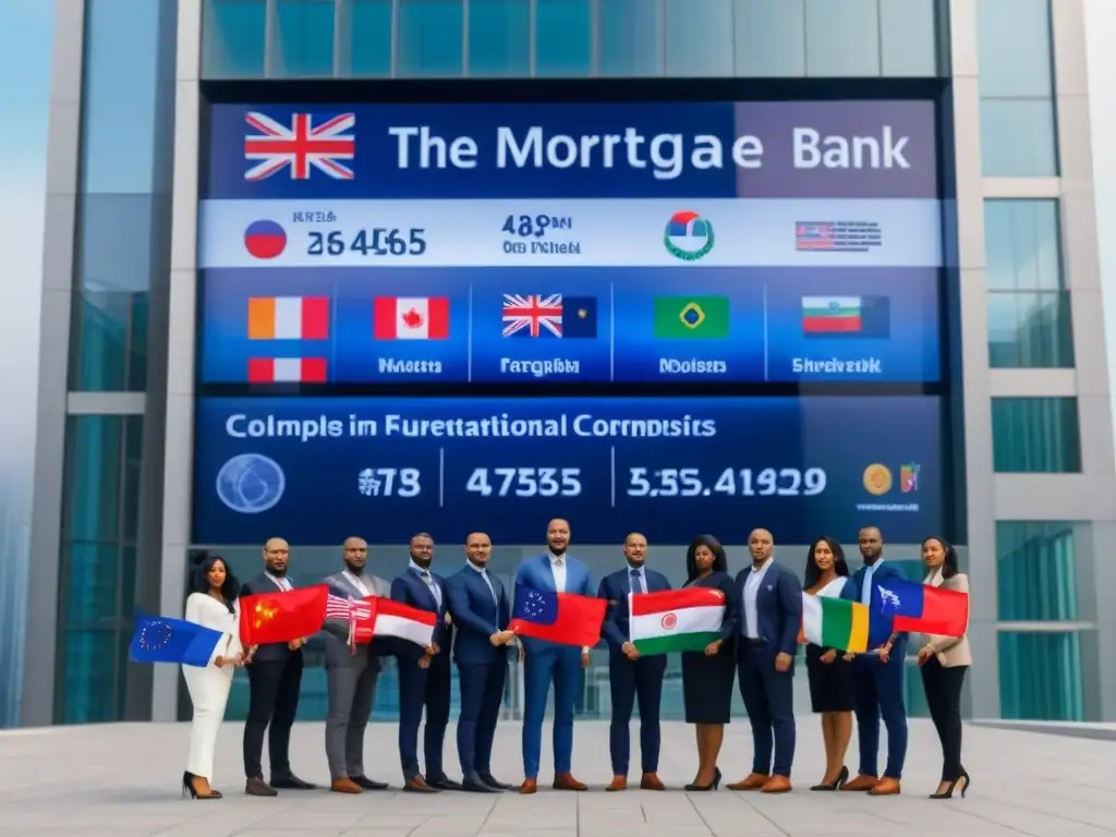Conexión global: diversidad financiera frente a banco internacional Un grupo diverso sostiene banderas frente a un banco internacional, con tasas de interés en pantalla