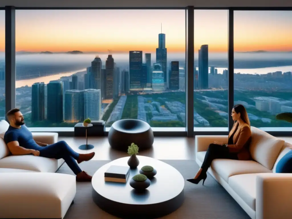 Consumidores internacionales admiran lujosa propiedad con vista urbana Grupo diverso de consumidores internacionales asombrados por lujosa propiedad inmobiliaria, reflejando sofisticación y aspiración