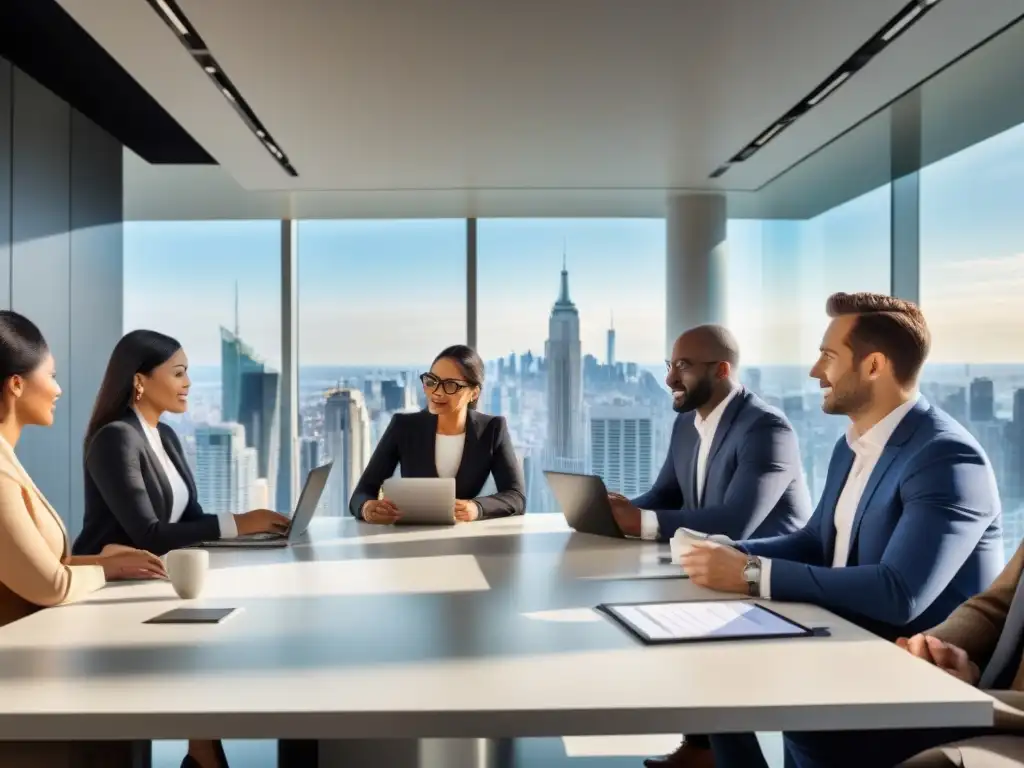 Reunión estratégica de negocios inmobiliarios internacionales Un grupo diverso debate leyes inmobiliarias y ganancias de alquiler internacional en moderna sala de juntas