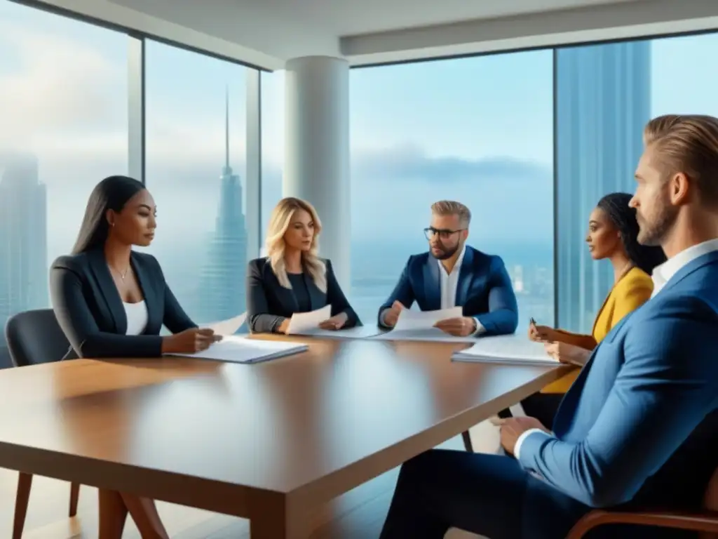 Grupo diverso revisa documentos legales de timeshare en oficina moderna Grupo diverso revisando documentos legales sobre inversión en tiempo compartido legal en una oficina profesional y luminosa