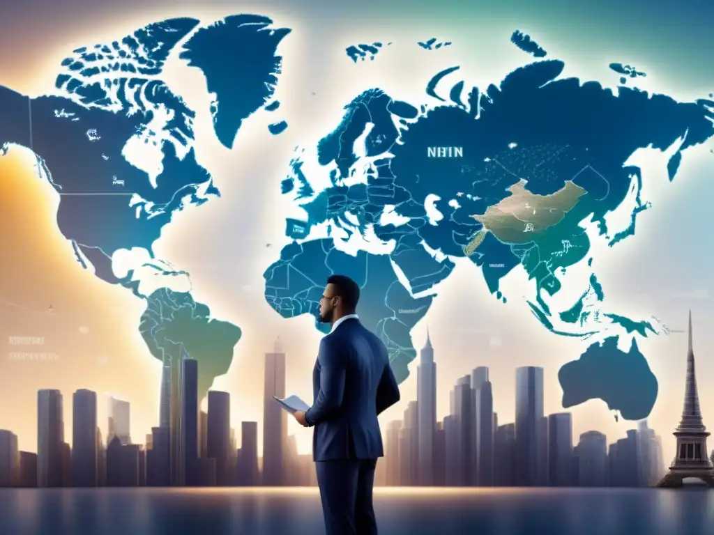 Desafíos legales globales: negocios en el mapa del mundo Un grupo diverso de ejecutivos confundidos estudian mapa mundial cubierto de documentos legales y señales 'restringido'