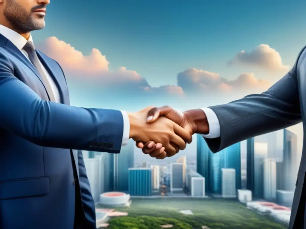 Alianza global: inversores internacionales en el horizonte urbano Grupo diverso de empresarios internacionales se saludan frente a una ciudad moderna, simbolizando asociaciones globales en inversiones inmobiliarias