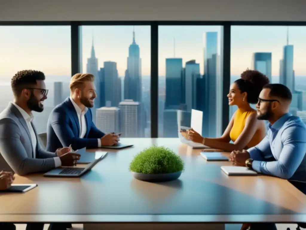 Jóvenes emprendedores debaten estrategias de inversión inmobiliaria Un grupo de millennials diverso y entusiasta discute estrategias de inversión inmobiliaria en una sala moderna y elegante con vistas a la ciudad