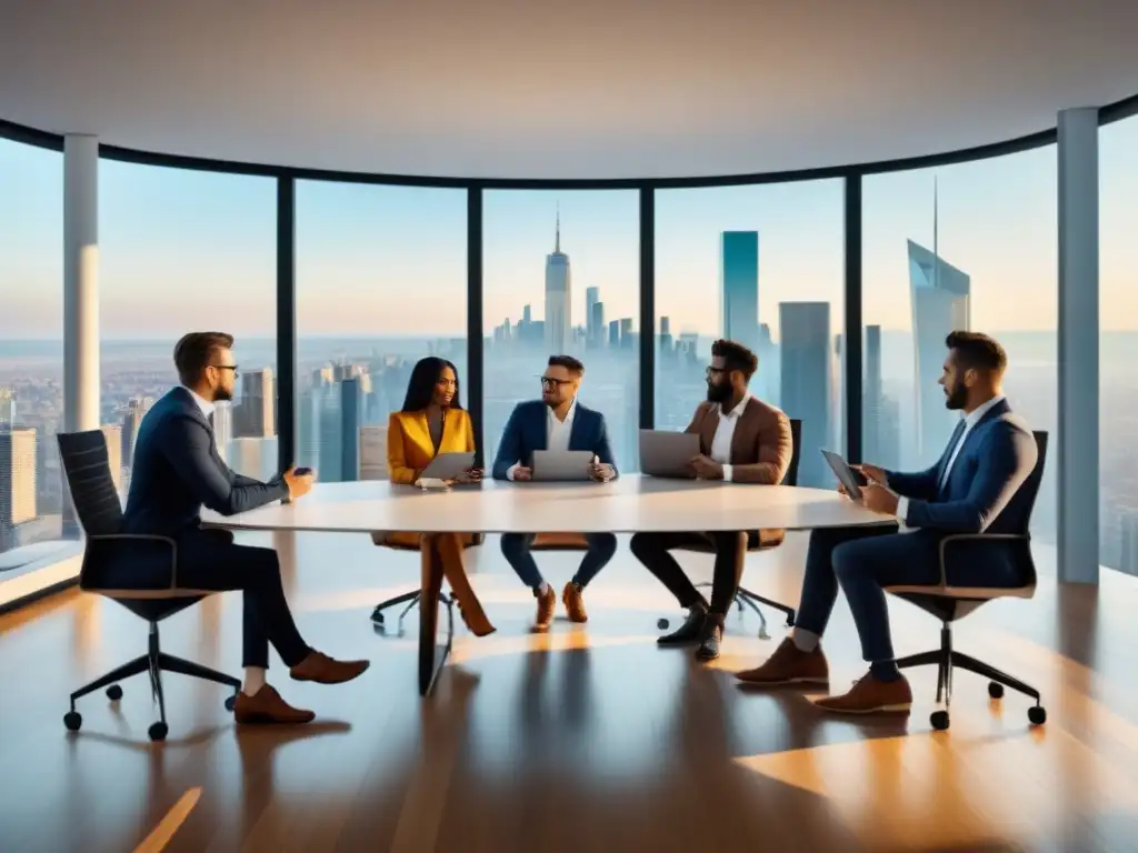 Jóvenes inversores analizan estrategias inmobiliarias en reunión moderna Grupo diverso de millennials discutiendo estrategias de inversión inmobiliaria en moderna oficina con vista a la ciudad
