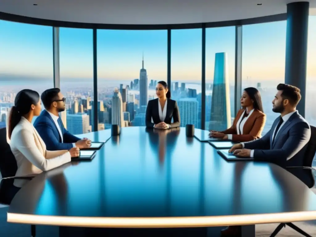 Jóvenes inversores debaten estrategias inmobiliarias en oficina futurista con vista panorámica Un grupo diverso de millennials discute estrategias de inversión inmobiliaria en un moderno edificio de oficinas con vista a la ciudad