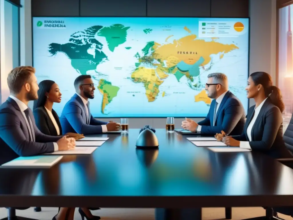 Reunión estratégica de inversionistas en destinos exóticos Un grupo diverso discute estrategias de 'Invertir en tiempo compartido riesgos' en una sala de juntas moderna