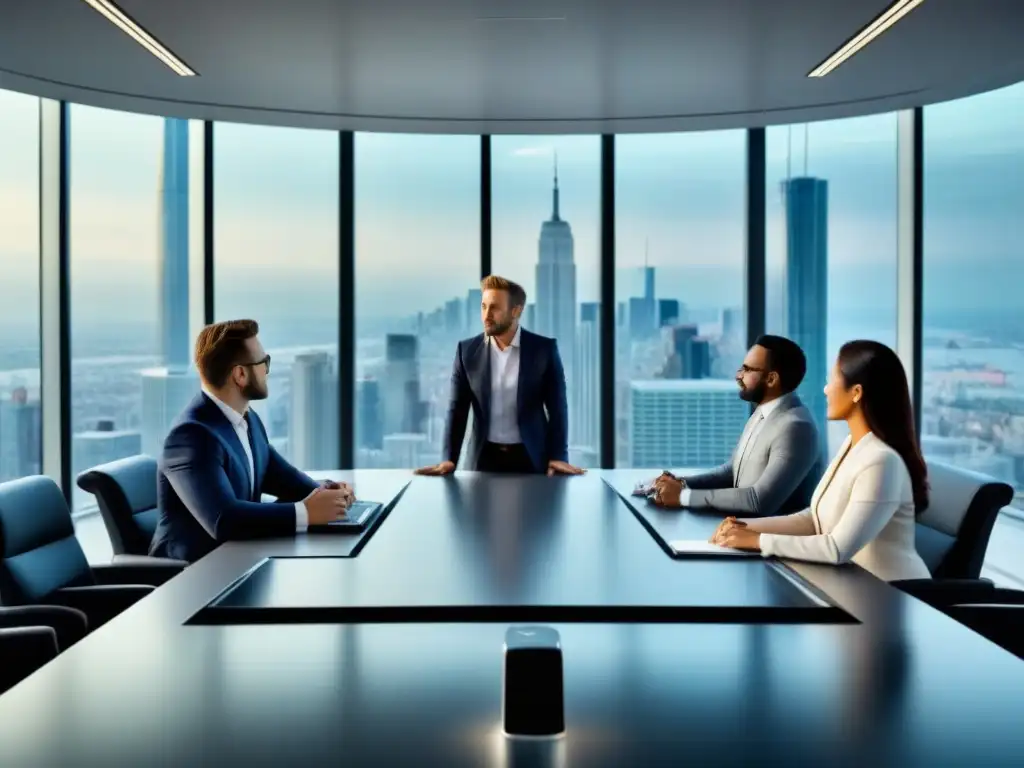 Inversores globales: reunión de éxito en rascacielos Un grupo diverso de exitosos inversores mundiales debaten estrategias de éxito en inversión inmobiliaria en una elegante sala de juntas urbana