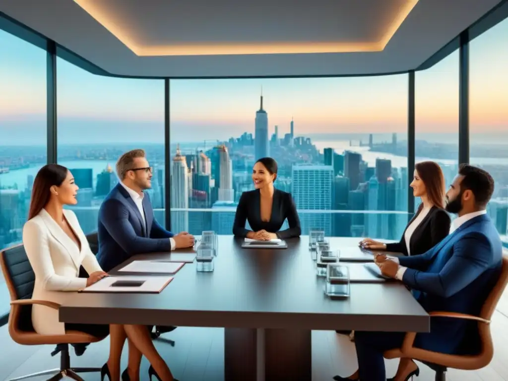Inversión inmobiliaria global: Expatriados en acción Grupo diverso de expatriados en una discusión sobre Inversión inmobiliaria internacional para expatriados en lujoso boardroom con vista a la ciudad