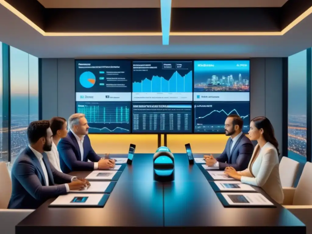 Reunión global de expatriados: estrategias de inversión inmobiliaria Grupo diverso de expatriados discutiendo estrategias de inversión inmobiliaria internacional en sala de juntas moderna