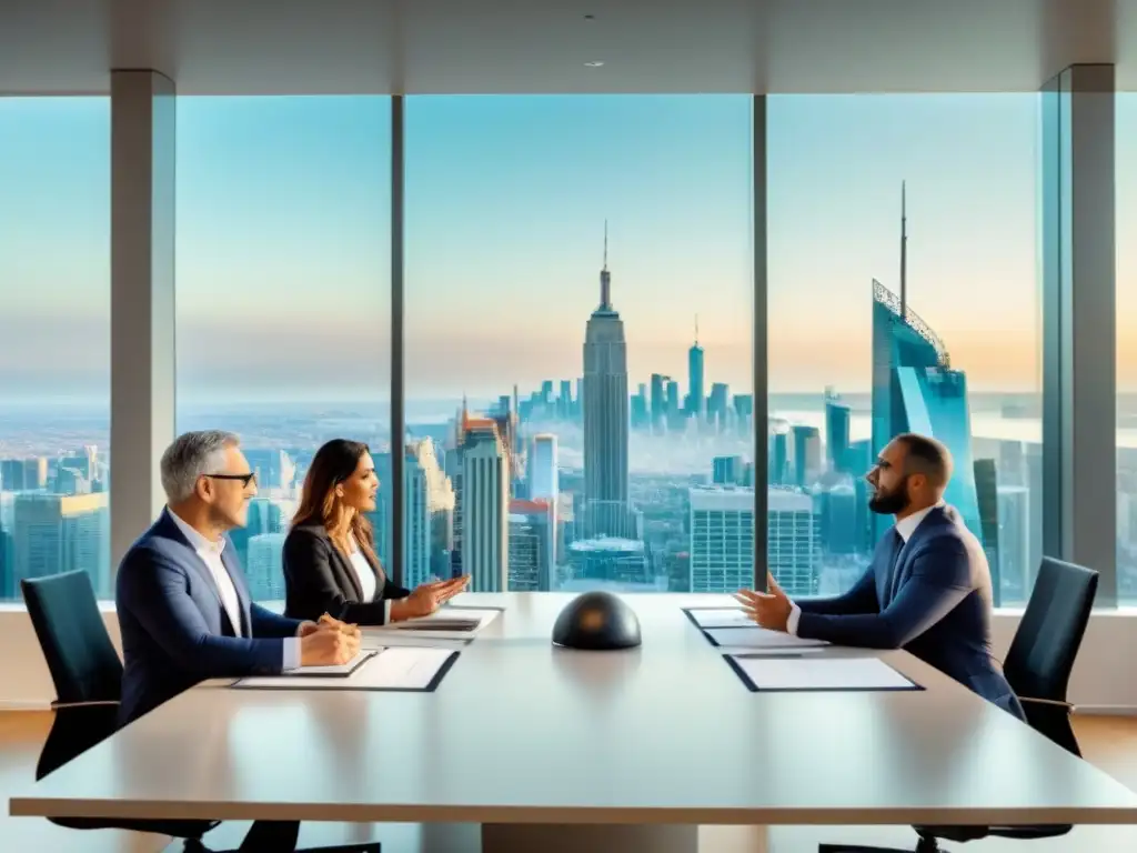 Inversión inmobiliaria global: Expatriados colaboran en sala de reuniones ultramoderna Grupo diverso de expatriados debatiendo estrategias de inversión inmobiliaria internacional en moderna sala de juntas con vista a la ciudad