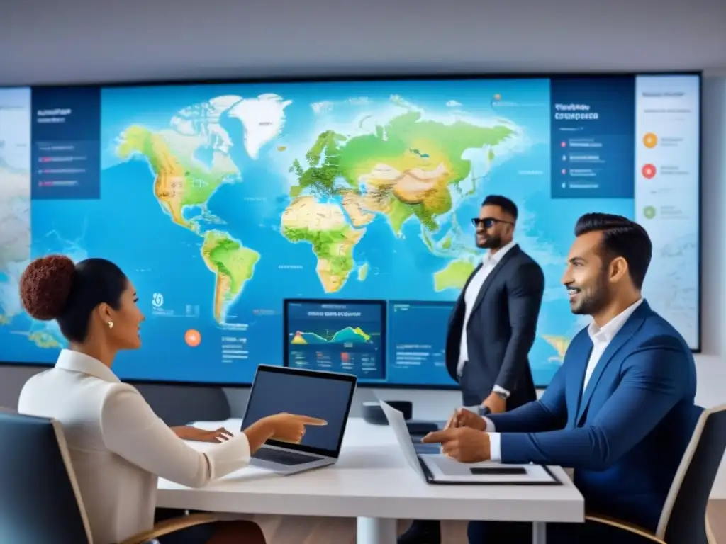 Conversaciones globales sobre financiamiento inmobiliario para expatriados Grupo diverso de expatriados discutiendo financiamiento residencial global en oficina moderna con tecnología y mapa mundial