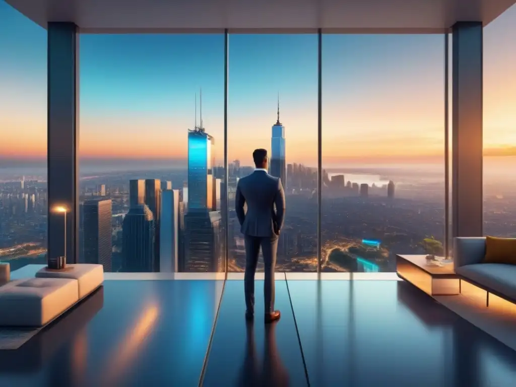 Expatriados emocionados exploran propiedades virtuales en plataforma blockchain Grupo diverso de expatriados colaborando en plataforma inmobiliaria holográfica con blockchain
