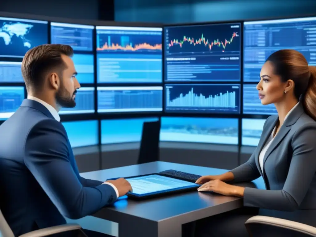 Expertos financieros analizan datos globales en oficina futurista Un grupo diverso de expertos financieros analizando datos globales para maximizar ingresos en un moderno y sofisticado ambiente de oficina