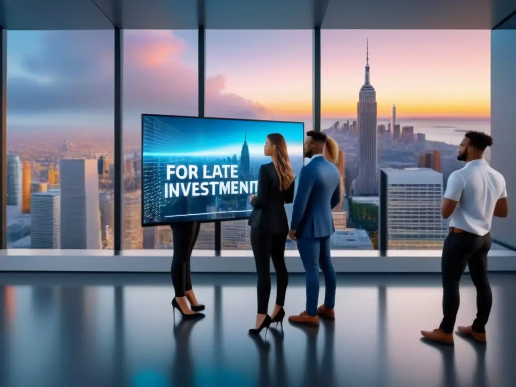 Inversión inmobiliaria futurista: Gen Z en acción Grupo diverso de Gen Z analizando inversiones inmobiliarias en un holograma futurista