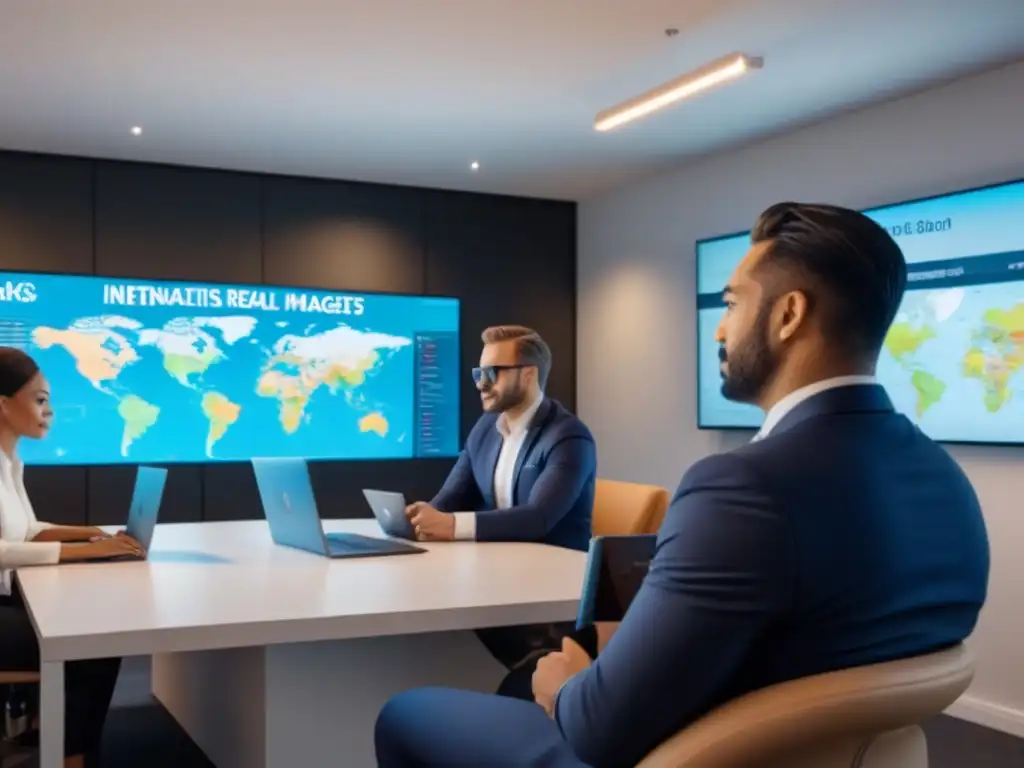 Gestores inmobiliarios internacionales colaborando en oficina moderna Un grupo diverso de gestores inmobiliarios internacionales colaborando en una oficina moderna, compartiendo consejos gestión alquileres internacionales