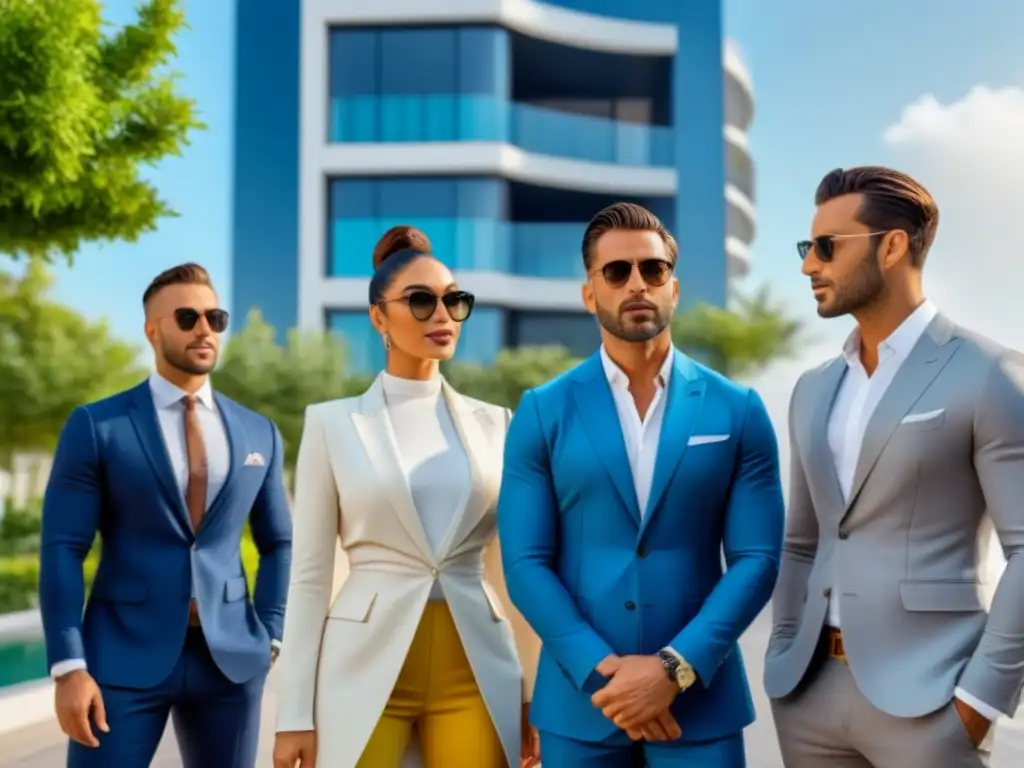 Influencers auténticos frente a desarrollo inmobiliario de lujo Grupo diverso de influencers auténticos frente a desarrollo inmobiliario, transmitiendo credibilidad y profesionalismo