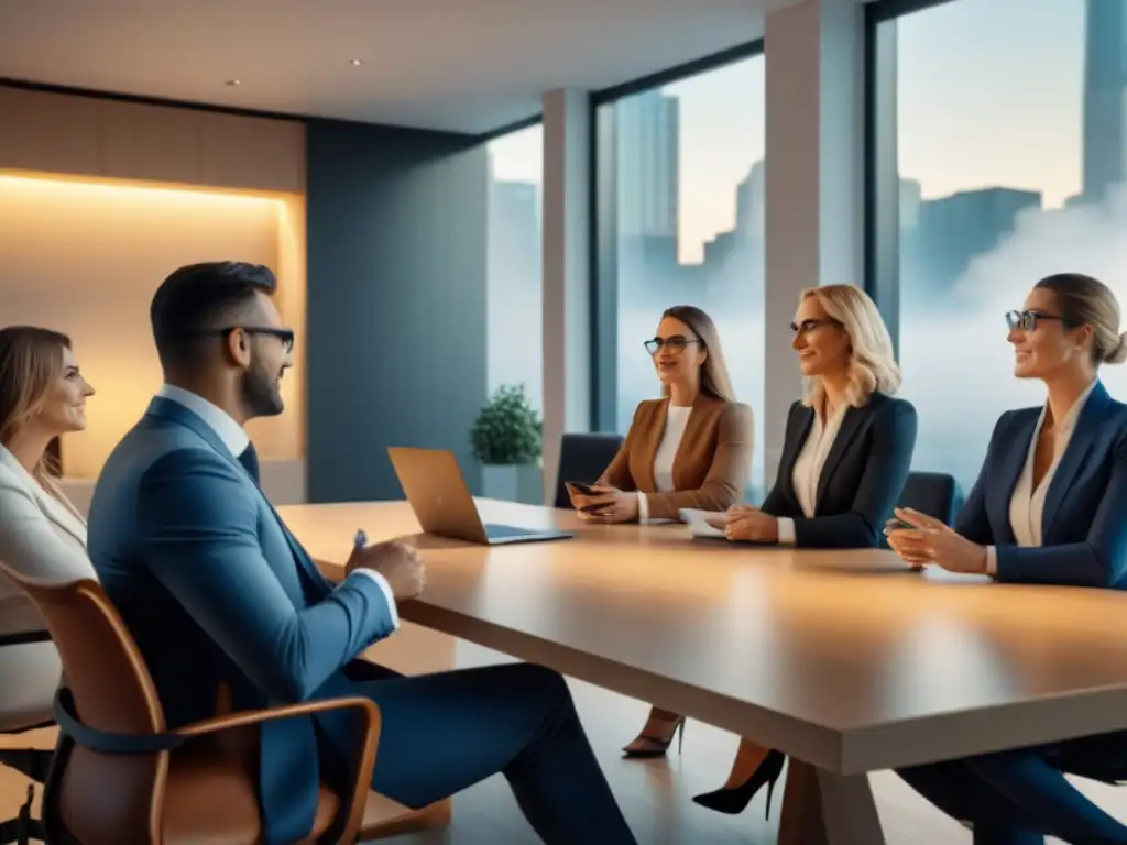 Influencers inmobiliarios: autenticidad y expertise en la era moderna Un grupo diverso de influencers auténticos del mercado inmobiliario colaborando en una oficina moderna y profesional