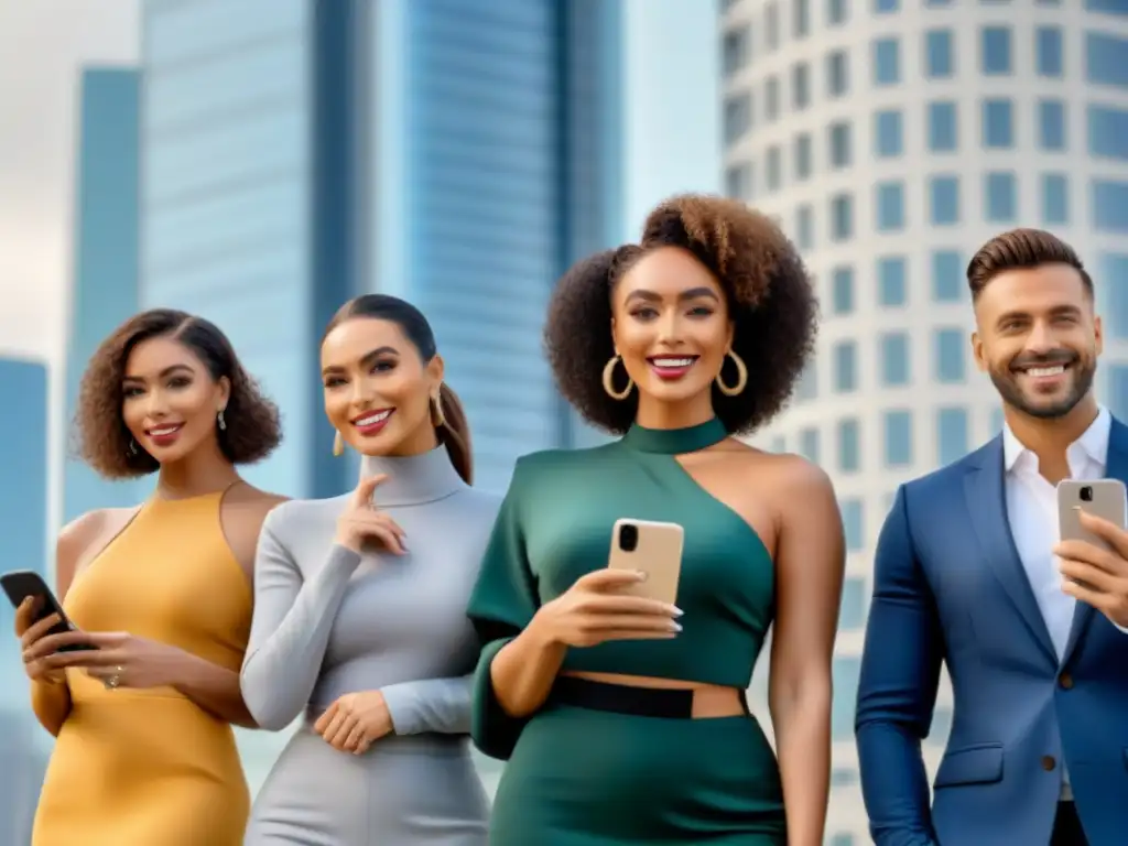 Influencers exitosos en la industria inmobiliaria Un grupo diverso de influencers frente a un lujoso edificio residencial, transmitiendo éxito y credibilidad