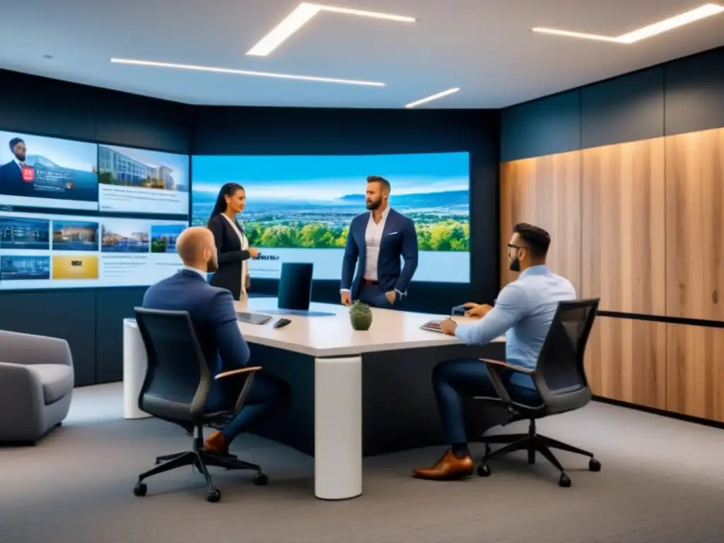 Reunión de influencers inmobiliarios: innovación y estrategia Grupo diverso de influencers inmobiliarios colaborando en moderna oficina, discutiendo estrategias contenido