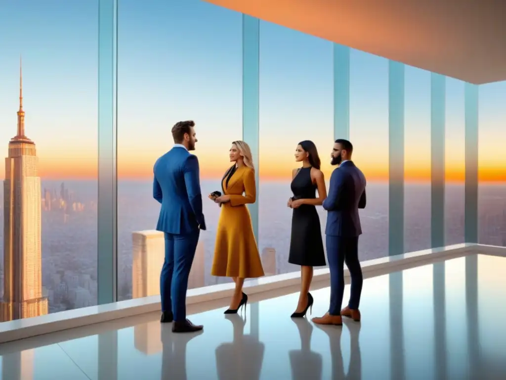 Influencers en debate: Lujo y tendencias inmobiliarias Un grupo diverso de influencers del mercado inmobiliario internacional discute tendencias frente a un moderno rascacielos al atardecer