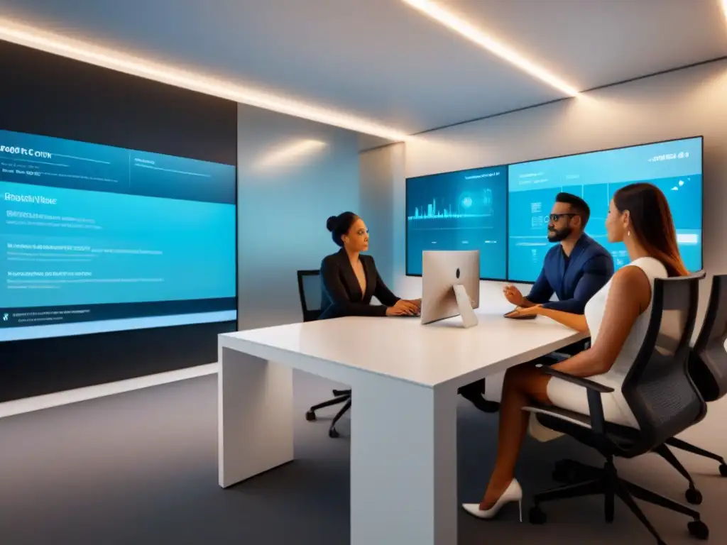 Experiencia de usuario futurista: análisis emocional y profesional Grupo diverso experimenta interfaz futurista de prueba, reflejando la importancia de la Experiencia usuario marca inmobiliaria en oficina moderna