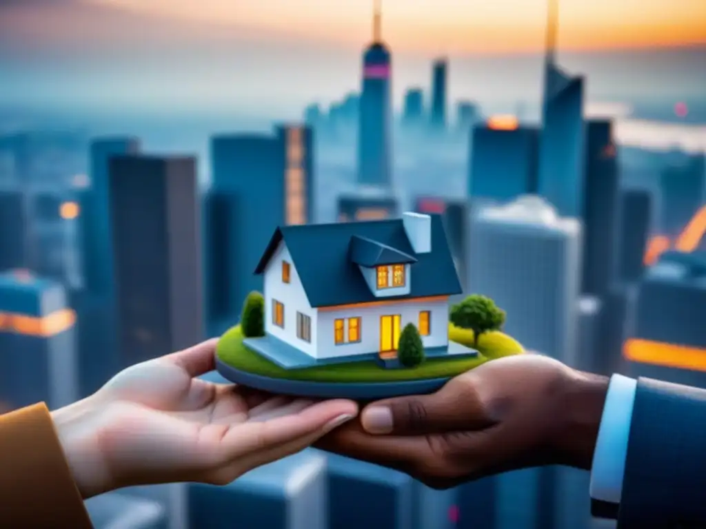 Inversión global: profesionales de diferentes países unidos por la propiedad de vivienda Un grupo diverso internacional con casas miniatura, simbolizando cooperación global en bienes raíces