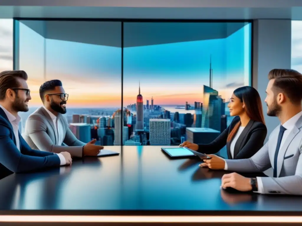 Innovación en inversión inmobiliaria: Millennials en sala tech-savvy Un grupo diverso de Millennials discute inversión inmobiliaria internacional en una sala futurista y tecnológica