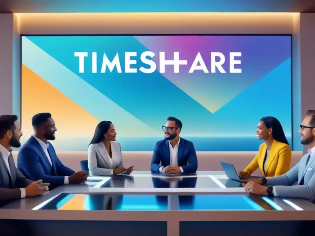 Debate en el futuro: Inversiones en tiempo compartido diverso y vibrante Grupo diverso discute inversiones en timeshare en entorno futurista vibrante