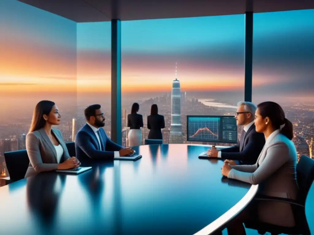 Un grupo diverso de inversionistas analiza datos financieros en una reunión estratégica en una sala de juntas futurista con vista a una ciudad al anochecer, destacando los mejores países en tasas de interés para el 2023